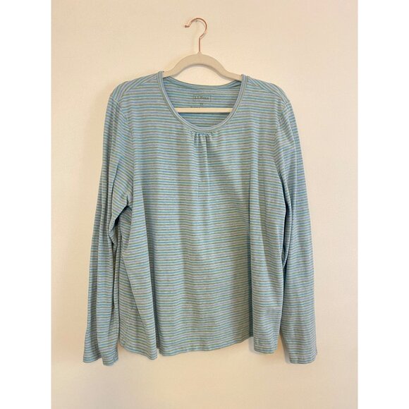 L.L.Bean Womens 2X Blue & Green Striped Long-Sleeve Top Cotton Blend - Picture 1 of 5